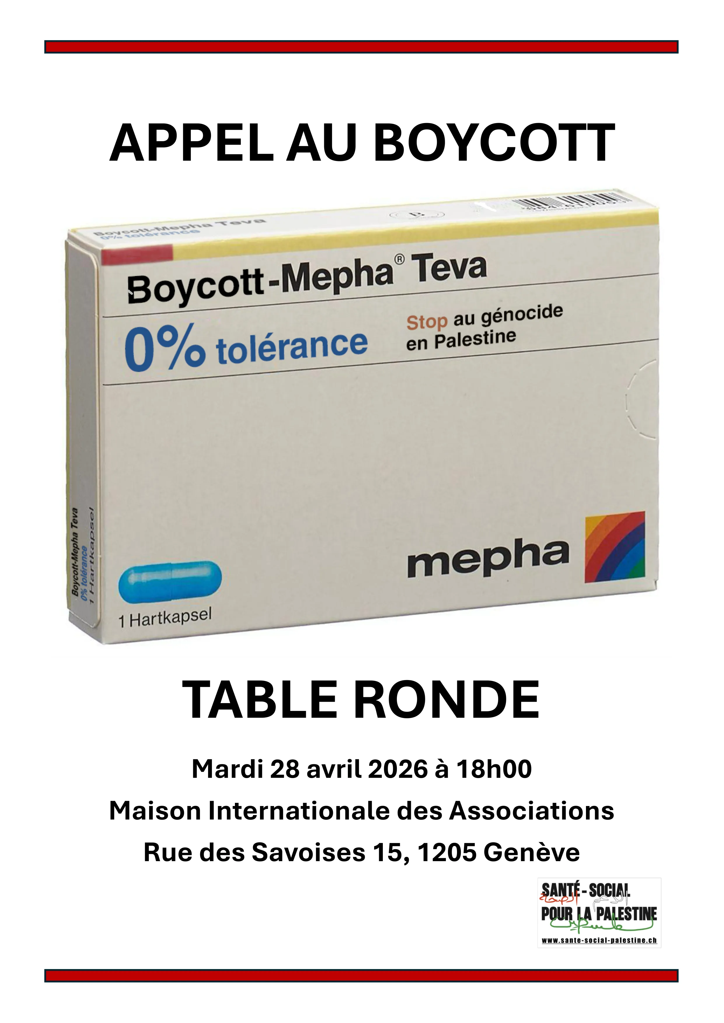 Appel au boycott Mepha, table ronde le mardi 28 avril 2026 à 18h00